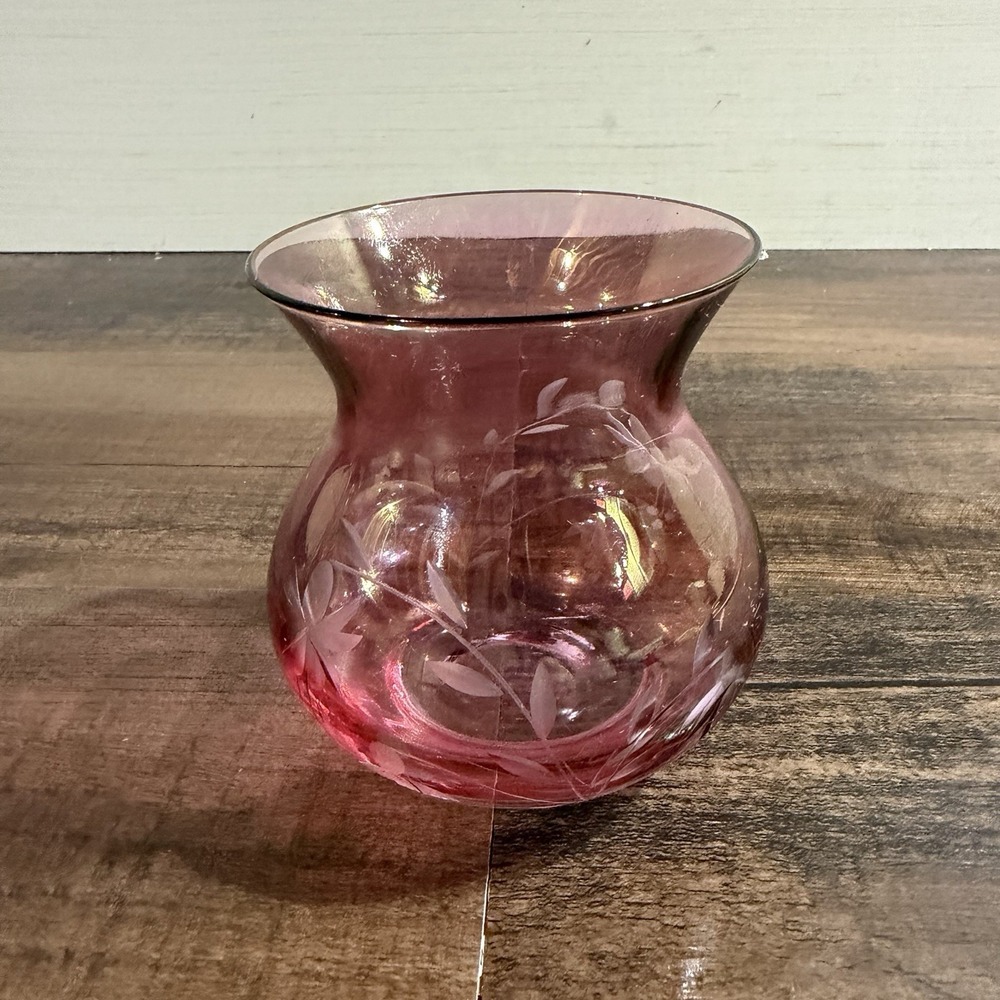 Vintage Cranberry Glass Posy Vase Bohemian Hand Etched Floral 4" Pink Lustre